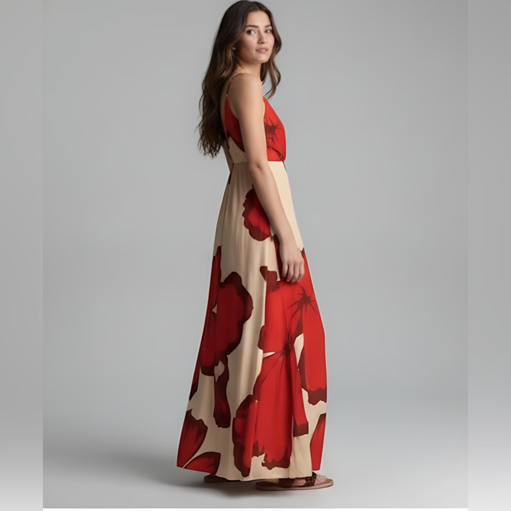 Floral Print Faux Wrap Cami Maxi Dress Beige/Red - Picture 3 of 7